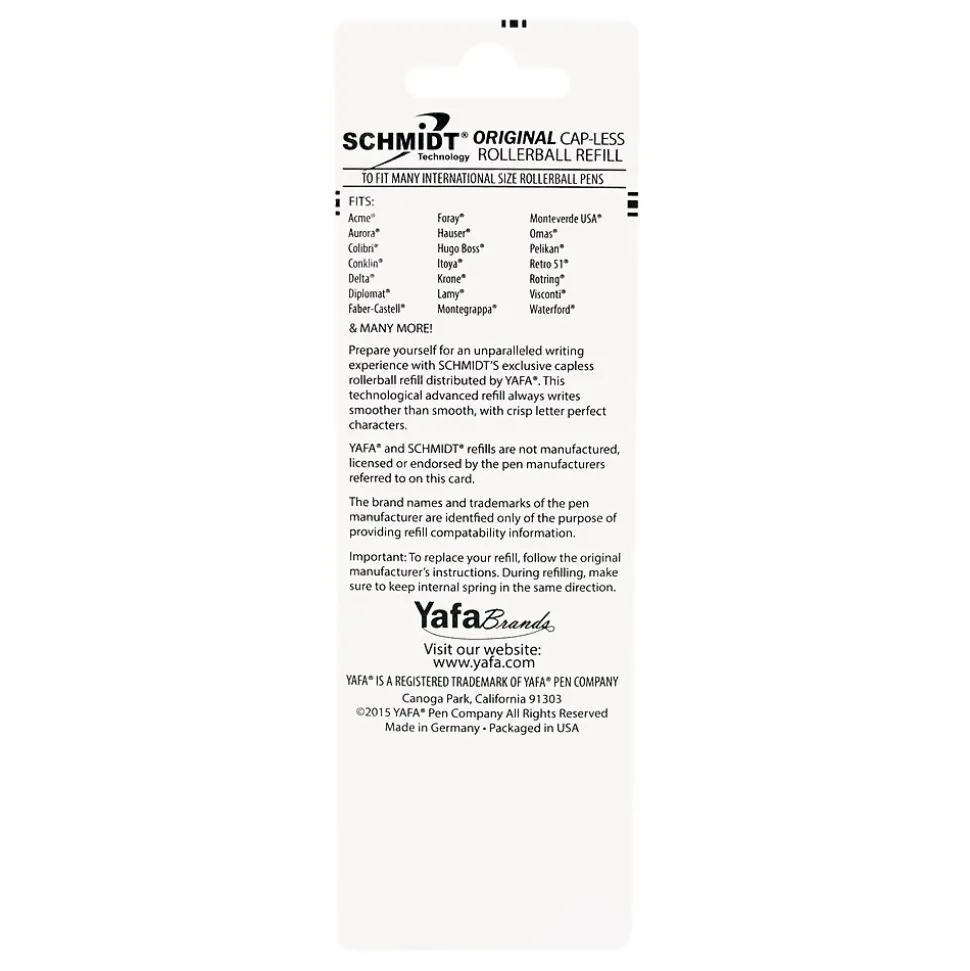 Schmidt 5285 Safety Rolling Tube Needle Point Refill, Fits Most Capped Rollerball Pens, Fine, Blue, 2 Pack (SC58116)