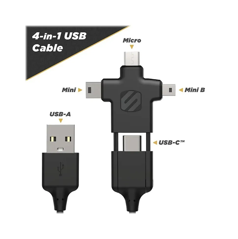 scosche SmartSync 3' USB Type-A to Micro-USB/Mini-USB/Mini-USB Type-B/USB Type-C Cable, Male to Male, Black (MMMC-SP)