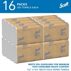 Scott Essential Recycled Multifold Paper Towels, 1-ply, 250 Sheets/Pack, 16 Packs/Carton (01804)