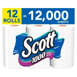 Scott 1-Ply Standard Toilet Paper, White, 1000 Sheets/Roll, 12 Rolls/Case (10060)