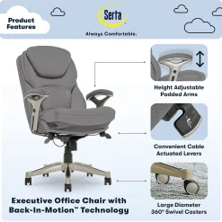 Serta Claremont Ergonomic Faux Leather Swivel Executive Chair with Back in Motion Technology, Gray (44186A)