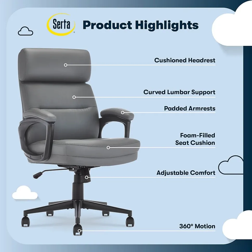 Serta Comfort Ergonomic Bonded Leather Swivel Executive Chair, Gray (CHR10130C)