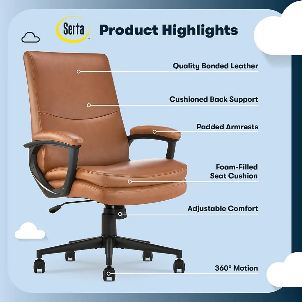 Serta Comfort Modern Ergonomic Bonded Leather Swivel Executive Chair, Cognac (CHR10132D)