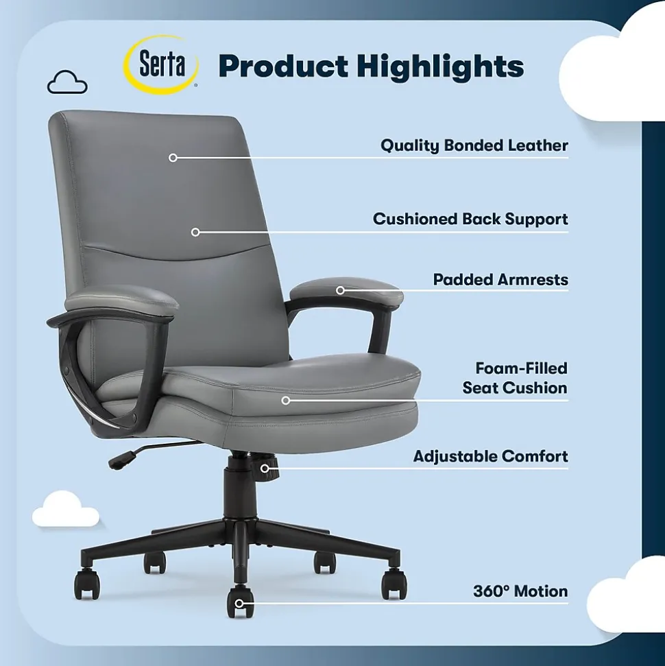 Serta Comfort Modern Ergonomic Bonded Leather Swivel Executive Chair, Gray (CHR10132C)