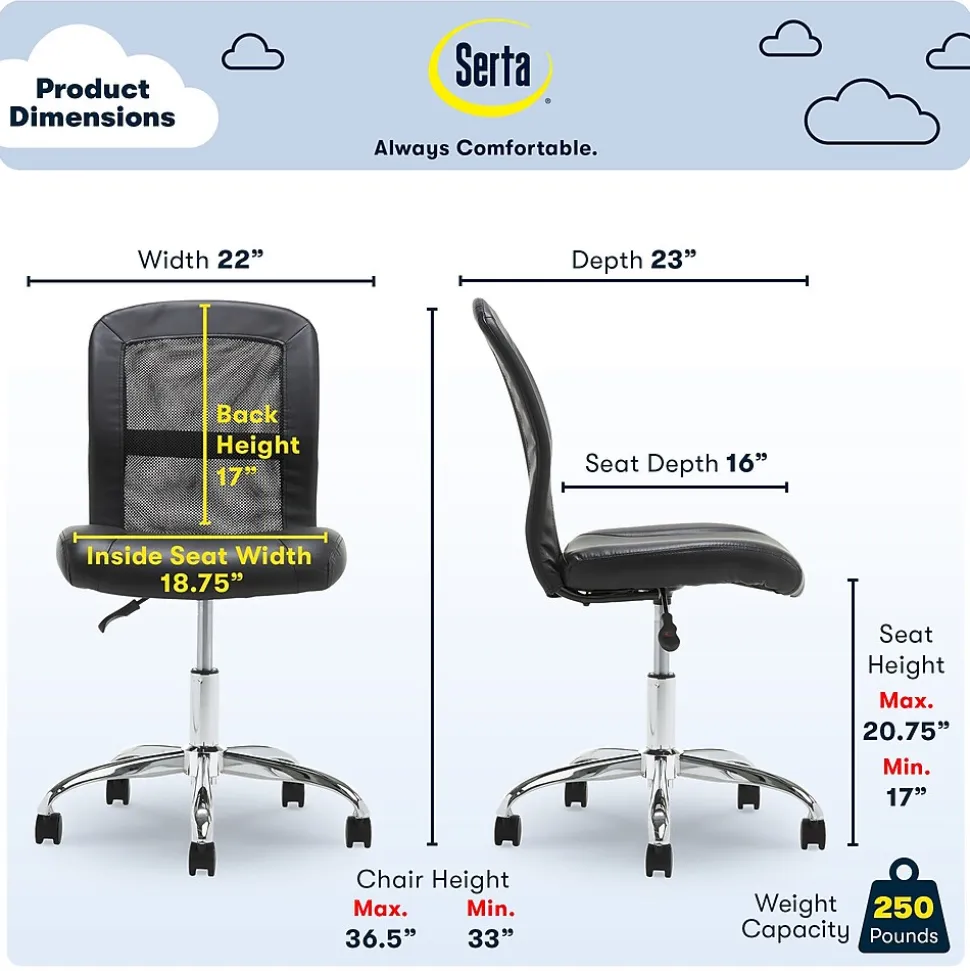 Serta Essentials Armless Ergonomic Bonded Leather/Mesh Swivel Task Chair, Black (48740)