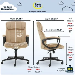 Serta Executive Office Chair, Microfiber, Light Beige, Seat Size: 20.75''W x 19.5