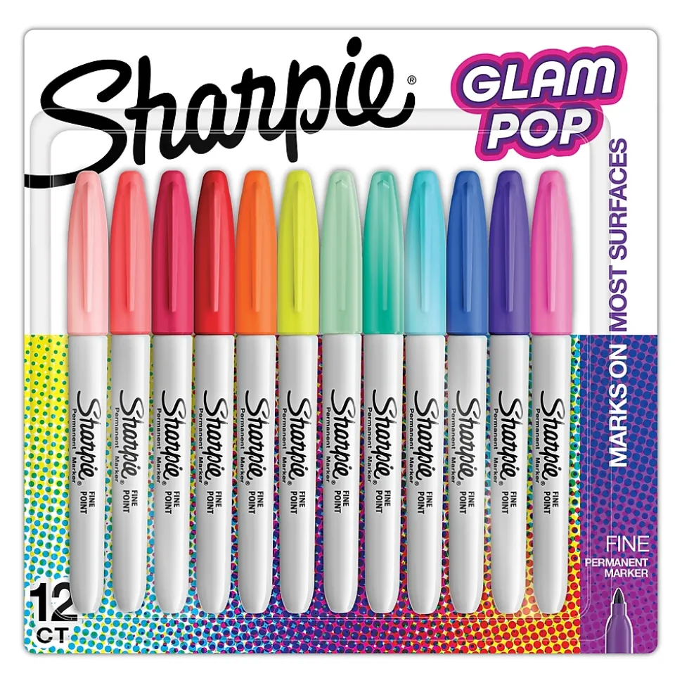 Sharpie Glam Pop Permanent Markers, Fine Tip, Assorted, 12/Pack (2185226)