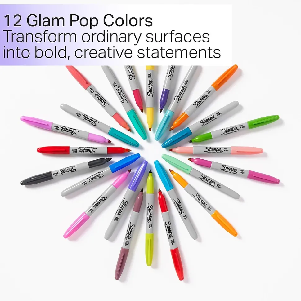 Sharpie Glam Pop Permanent Markers, Fine Tip, Assorted, 12/Pack (2185226)