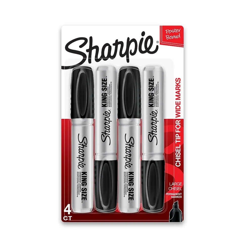 Sharpie King Size Permanent Markers, Chisel Tip, Black, 4/Pack (15661)