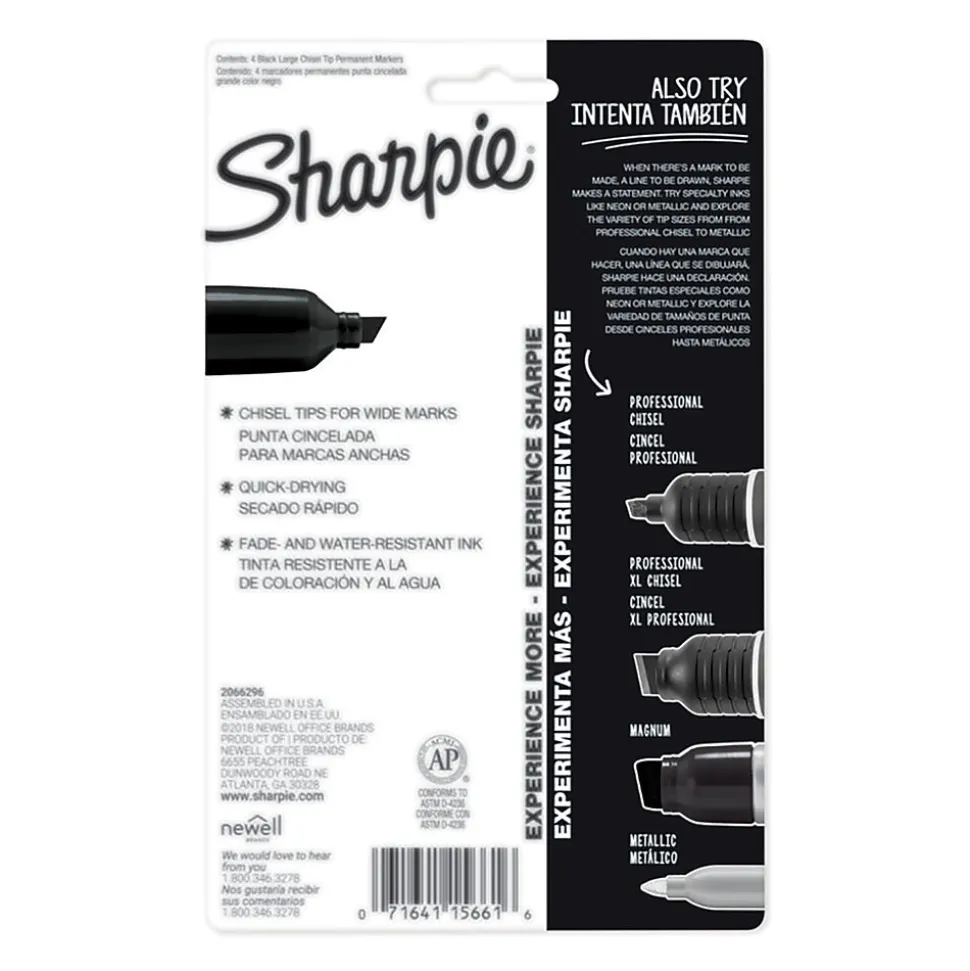 Sharpie King Size Permanent Markers, Chisel Tip, Black, 4/Pack (15661)
