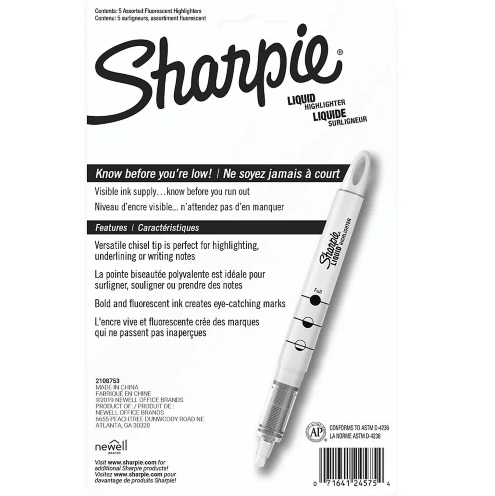 Sharpie Liquid Highlighter, Chisel Tip, Assorted, 5/Pack (24575PP)
