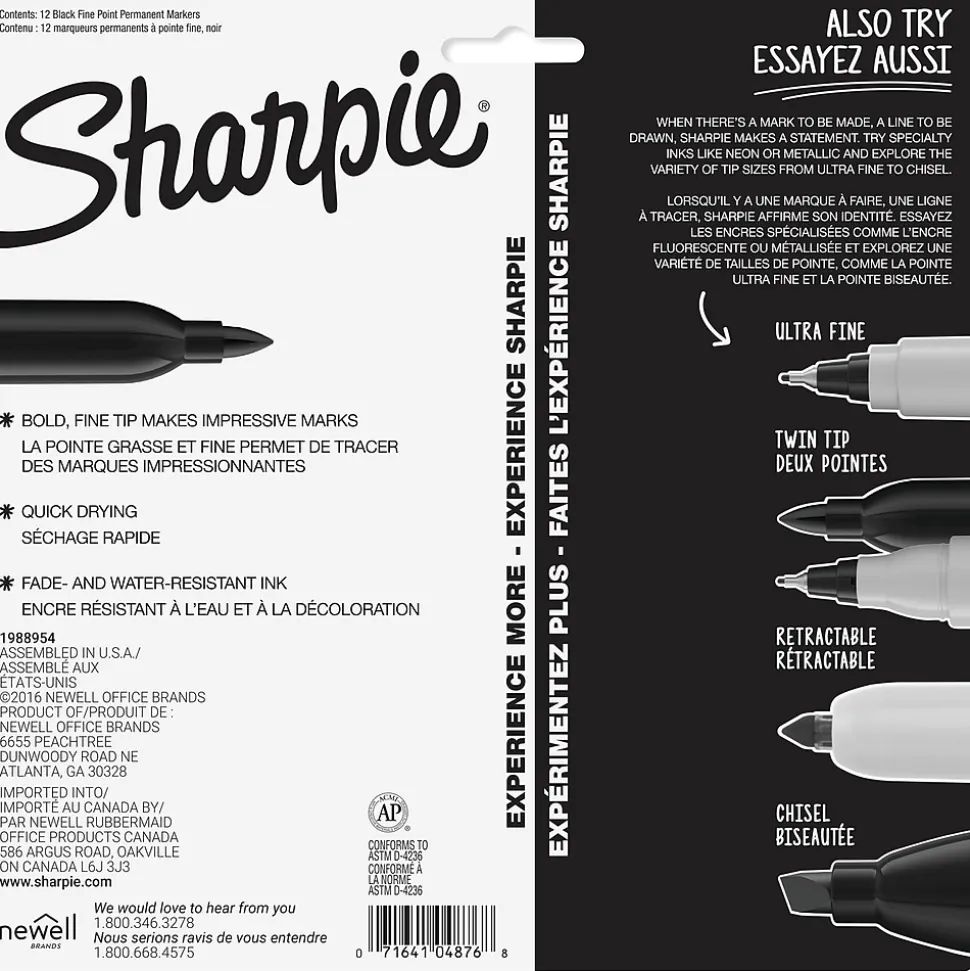 Sharpie Permanent Marker, Fine Tip, Black, 12/Pack (1812419)