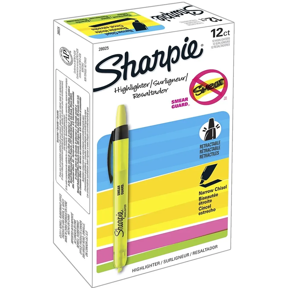 Sharpie Retractable Highlighter, Chisel Tip, Yellow, Dozen (28025)