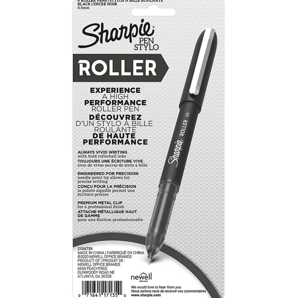 Sharpie Rollerball Pens, 0.5 mm, Needle Point, Black Ink, 4/Pack (2093222)