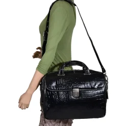 Siamod MONTEROSSO, IGNOTO, Embossed Crocco Leather, Large Ladies Laptop Briefcase, Black (35515)