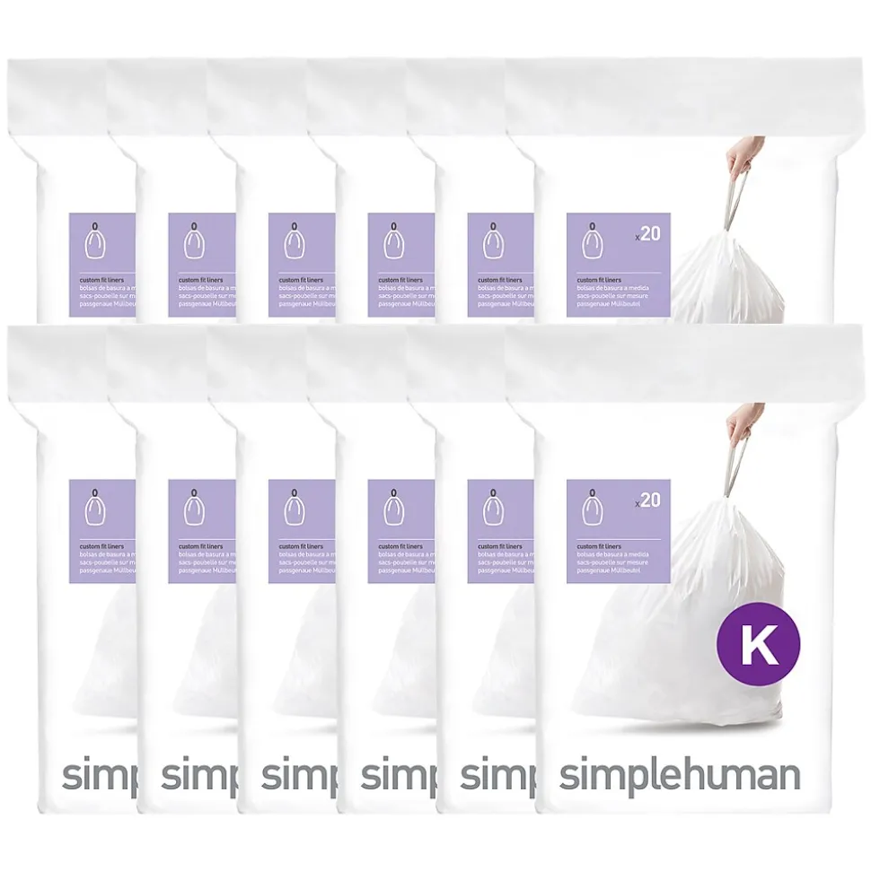 simplehuman Code K 9-12 Gallon Trash Bag, 6.5" x 8.9", Low Density, 1.2 mil, White, 240 Bags/Box (CW0260)