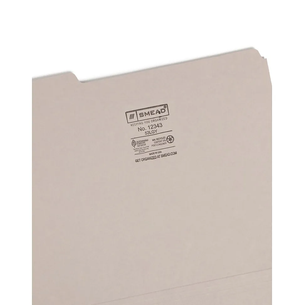 Smead File Folder, 3 Tab, Letter Size, Light Gray, 100/Bx (12343)
