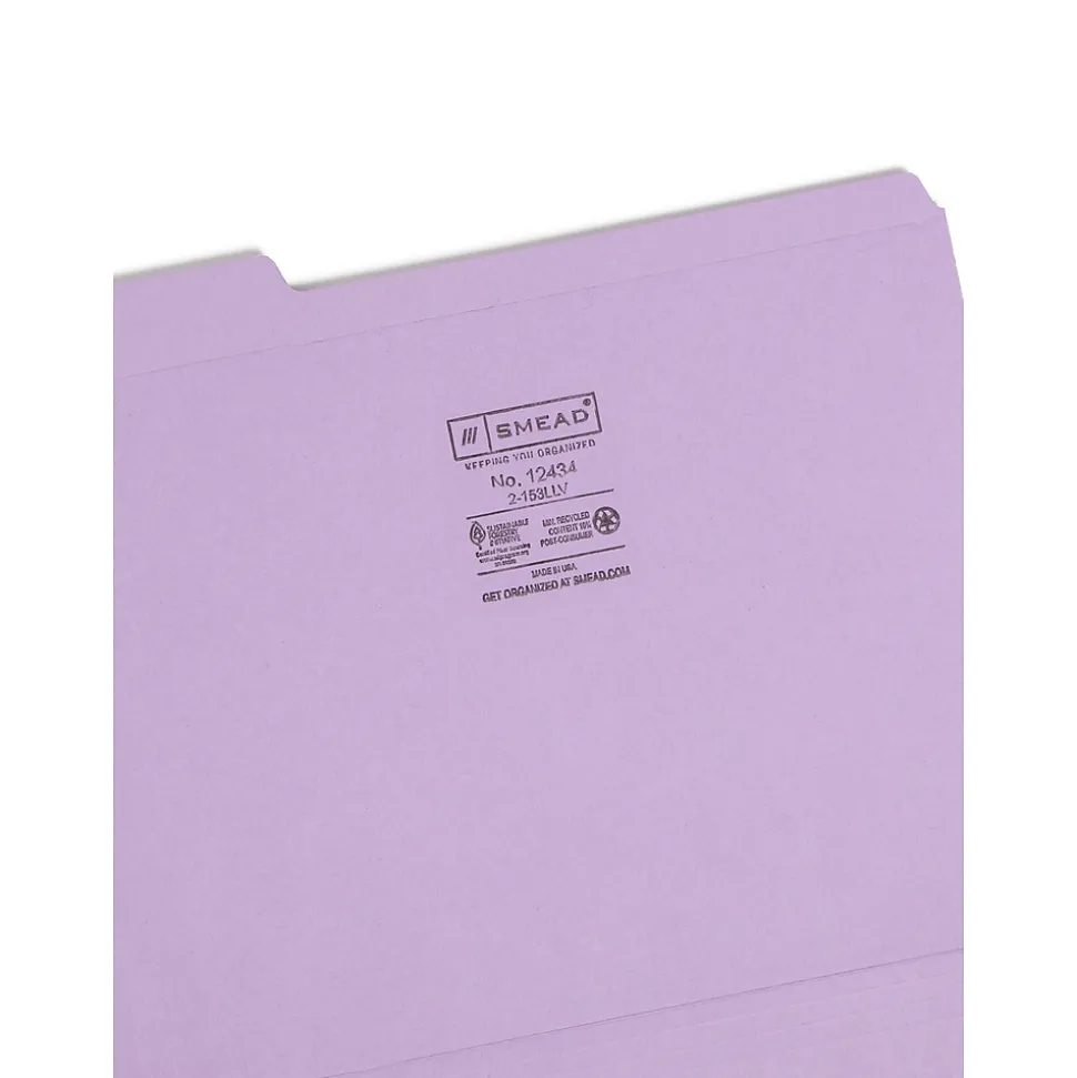 Smead File Folder, 3 Tab, Letter Size, Lavender, 100/Box (12434)