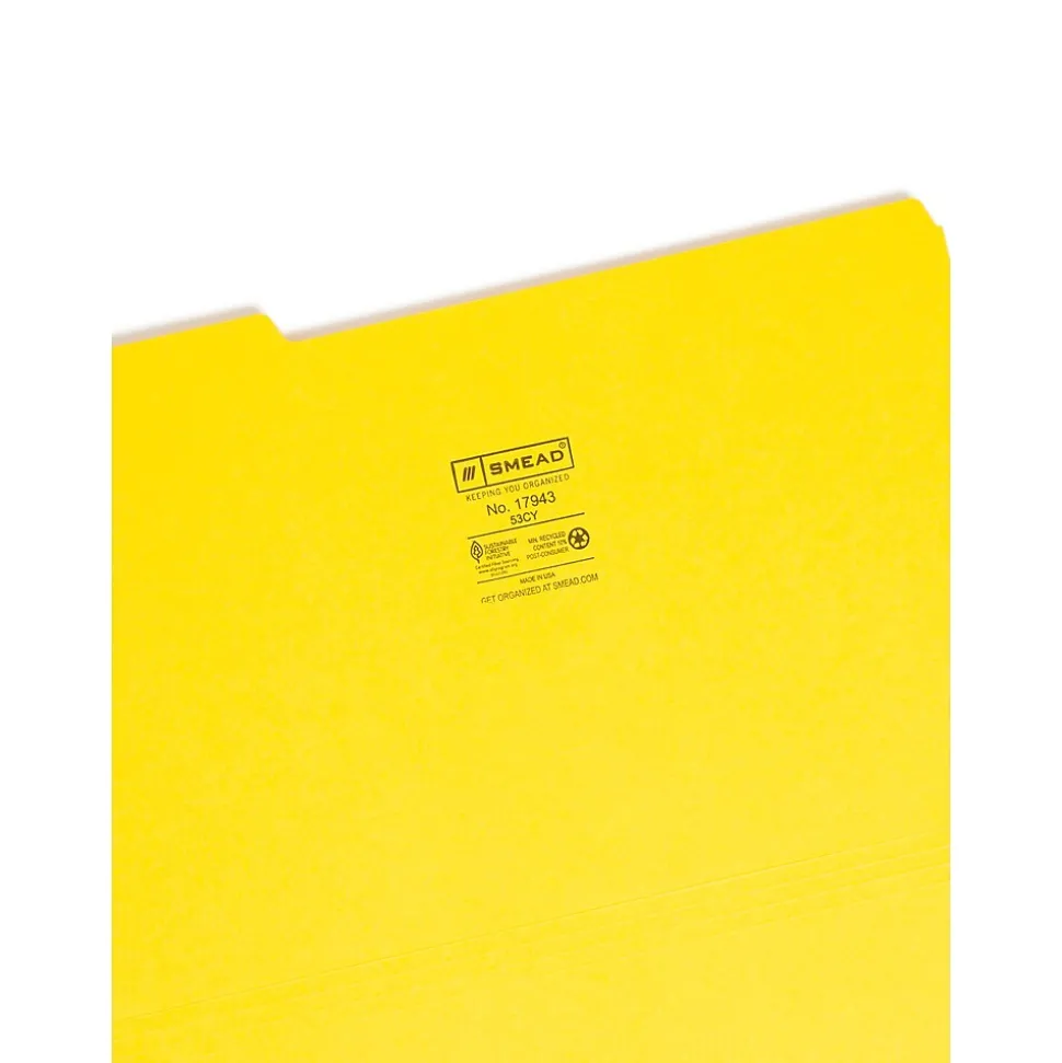 Smead File Folder, 3 Tab, Legal Size, Yellow, 100/Box (17943)