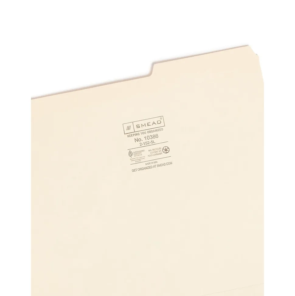 Smead File Folders, Reinforced 2/5-Cut Right Position, Guide Height, Letter Size, Manila, 100/Box (10386)