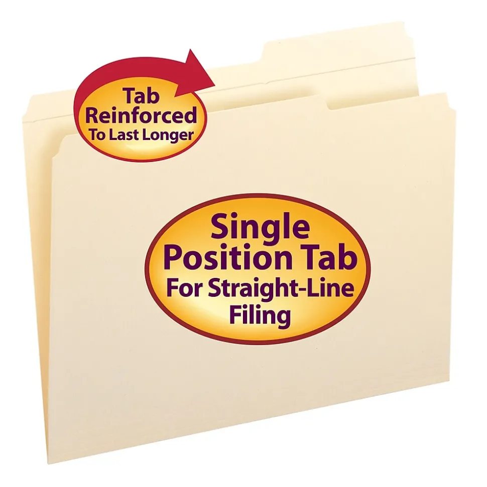 Smead File Folders, Reinforced 2/5-Cut Right Position, Guide Height, Letter Size, Manila, 100/Box (10386)