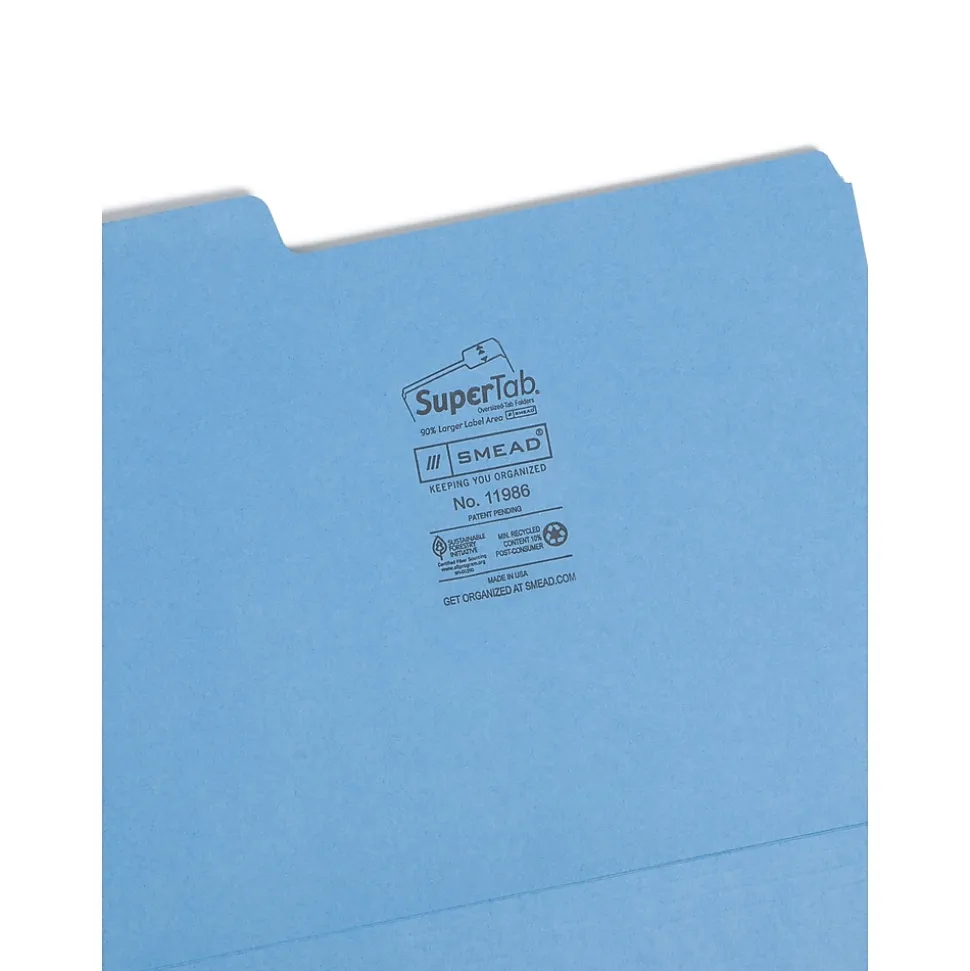 Smead SuperTab File Folder, Oversized 1/3-Cut Tab, Letter Size, Blue, 100/Box (11986)
