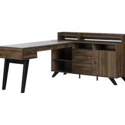 South Shore Helsy 78"W L-Shaped Computer Desk with Power Bar and Removable Hutch, Natural Walnut (13307)