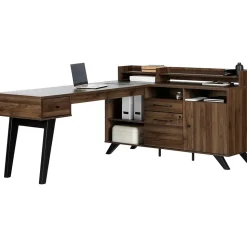 South Shore Helsy 78"W L-Shaped Computer Desk with Power Bar and Removable Hutch, Natural Walnut (13307)