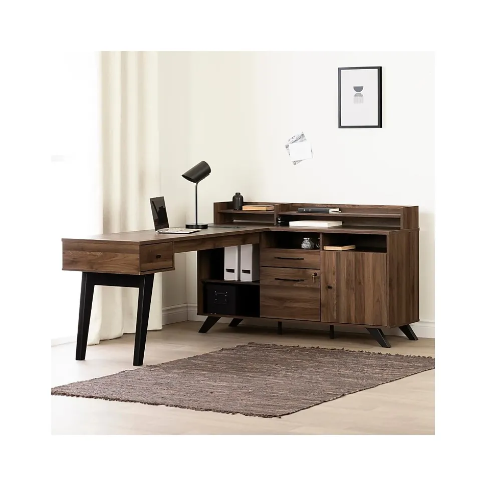 South Shore Helsy 78"W L-Shaped Computer Desk with Power Bar and Removable Hutch, Natural Walnut (13307)