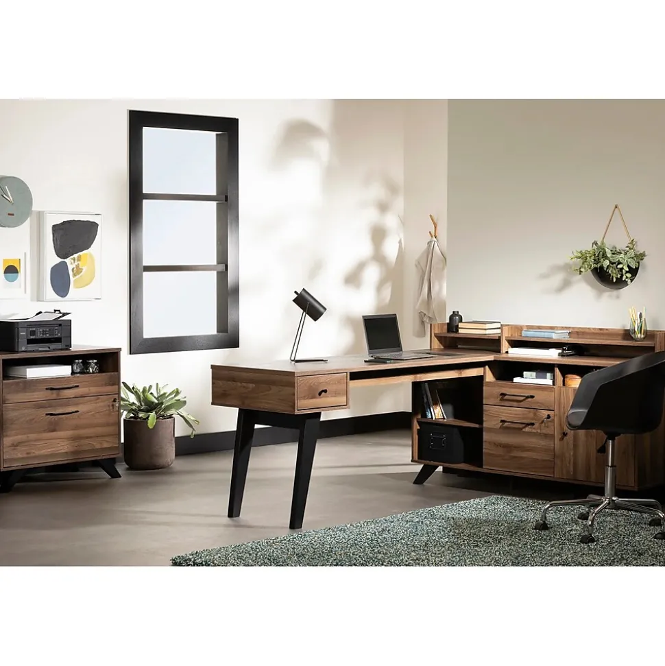 South Shore Helsy 78"W L-Shaped Computer Desk with Power Bar and Removable Hutch, Natural Walnut (13307)