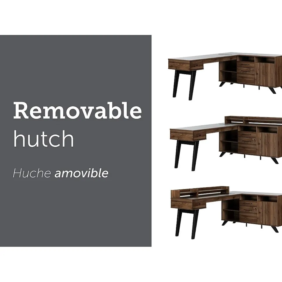 South Shore Helsy 78"W L-Shaped Computer Desk with Power Bar and Removable Hutch, Natural Walnut (13307)