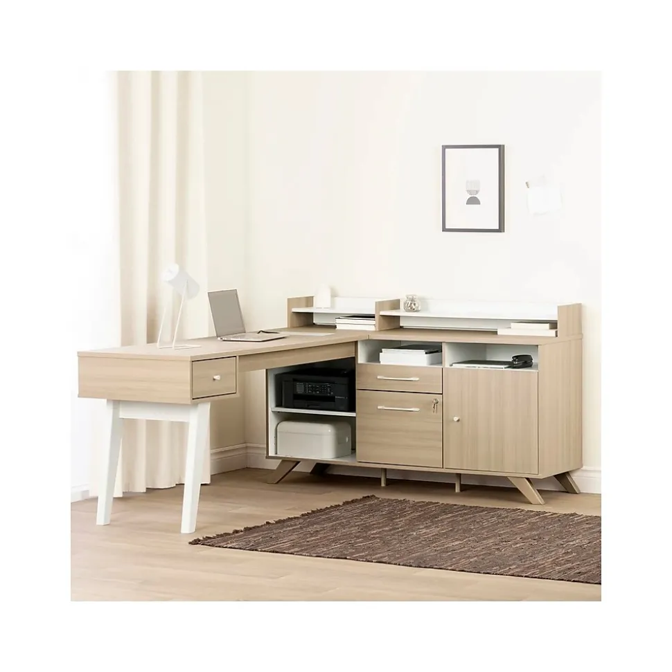 South Shore Helsy 78"W L-Shaped Computer Desk with Removable Hutch, Soft Elm/White (13298)