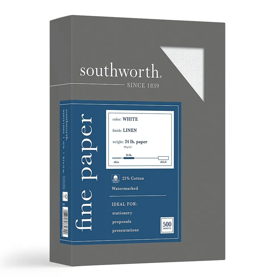 Southworth Fine Paper, 8.5" x 11", 24 lbs, Linen-Finish, White, 500/Box (554C)