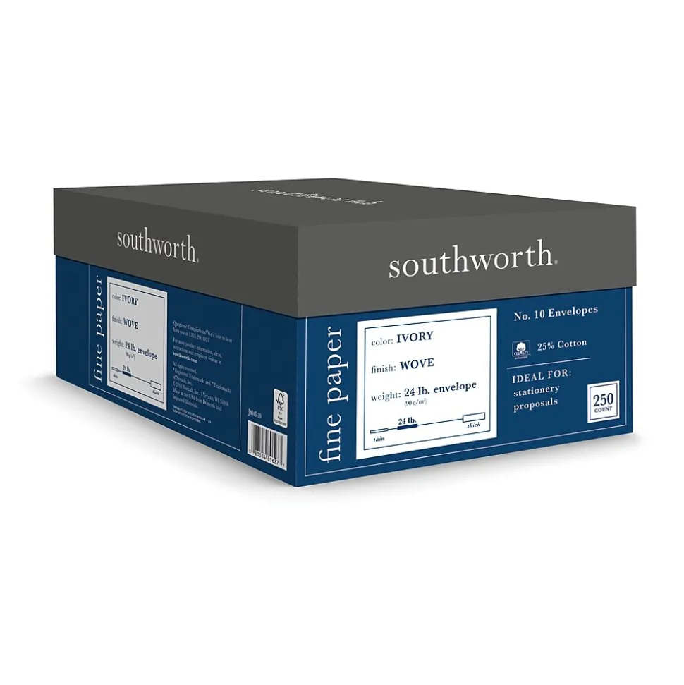 Southworth Gummed #10 Business Envelopes, 4 1/8" x 9 1/2", Ivory, 250/Box (J404I-10)