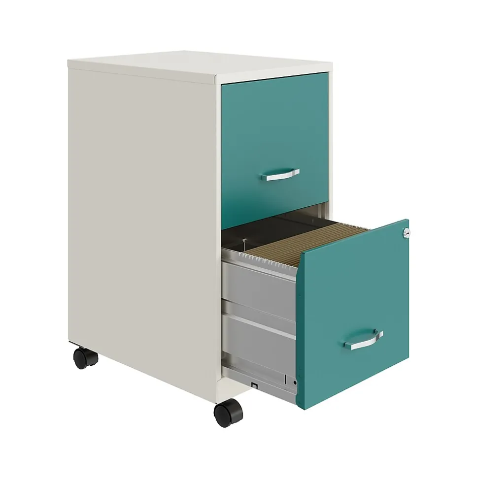 Space Solutions SOHO Smart File 2-Drawer Mobile Vertical File Cabinet, Letter Size, Lockable, Pearl White/Teal (25333)