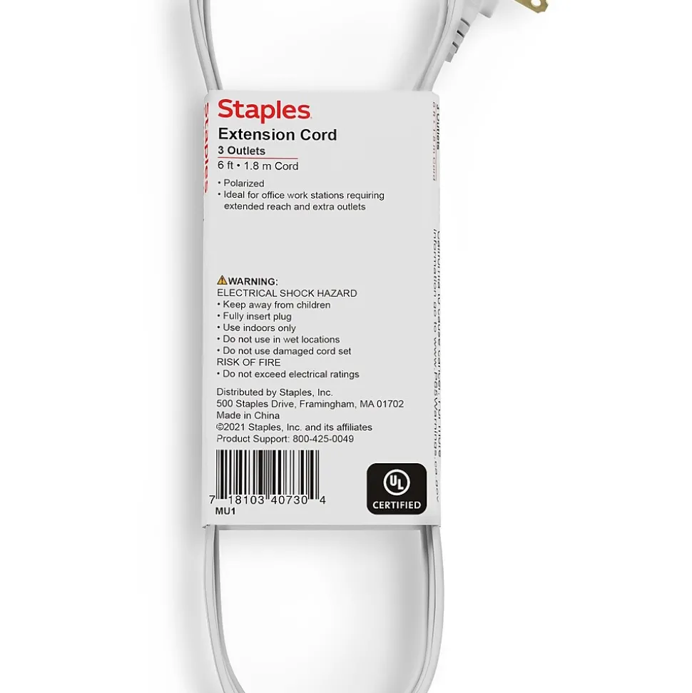 Staples 6' Extension Cord, 3-Outlet, White (22134)