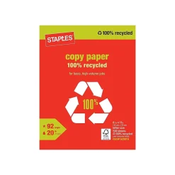 Staples 100% Recycled 8.5" x 11" Copy Paper, 20 lbs., 92 Brightness, 500/Ream (620016)