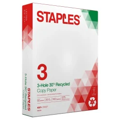 Staples 30% Recycled 8.5" x 11" 3-Hole Punched Copy Paper, 20 lbs., 92 Brightness, 500/Ream (112370)