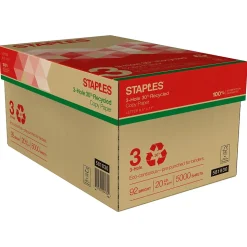 Staples 30% Recycled 8.5" x 11" 3-Hole Punch Copy Paper, 20 lbs., 92 Brightness, 500/Ream,10 Reams/Carton (112370)