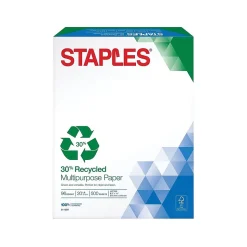 Staples 30% Recycled 8.5" x 11" Multipurpose Paper, 20 lbs., 96 Brightness, 500/Ream (86035)