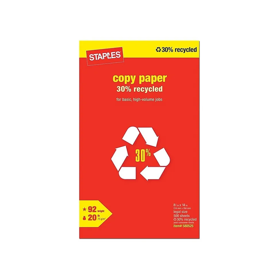 Staples 30% Recycled Copy Paper, 8.5" x 14", 20 lbs., White, 500 Sheets/Ream, 10 Reams/Carton (112380)