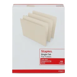 Staples 30% Recycled File Folders, Single Tab, Letter Size, Manila, 100/Box (ST56676-CC)