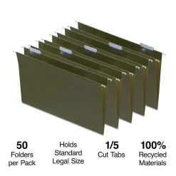 Staples 95% Recycled Hanging File Folder, 1/5-Cut Tab, Legal Size, Standard Green, 50/Box (ST490853/490853)