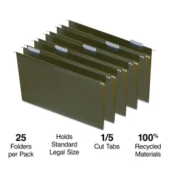 Staples 100% Recycled Hanging File Folder, 1/5-Cut Tab, Legal Size, Standard Green, 25/Box (ST16402/TR16402)