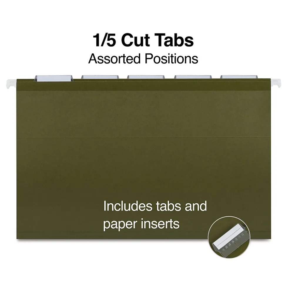 Staples 100% Recycled Hanging File Folder, 1/5-Cut Tab, Legal Size, Standard Green, 25/Box (ST16402/TR16402)