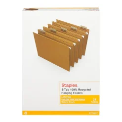 Staples® 100% Recycled Hanging File Folders, 5-Tab Letter, Natural Brown, 25/Box (TR75601-US)