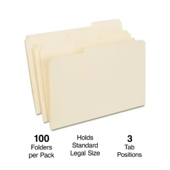 Staples 30% Recycled Reinforced File Folder, 1/3-Cut Tab, Legal Size, Manila, 100/Box (ST606814/606814)