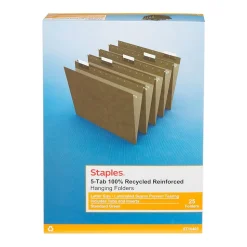 Staples 100% Recycled Reinforced Hanging File Folder, 1/5-Cut Tab, Letter Size, Standard Green, 25/Box (TR16403)