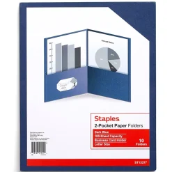 Staples 10% Recycled Smooth 2-Pocket Paper Presentation Folder, Dark Blue, 10/Pack (ST13377)
