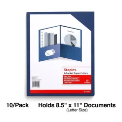 Staples 10% Recycled Smooth 2-Pocket Paper Presentation Folder, Dark Blue, 10/Pack (ST13377)